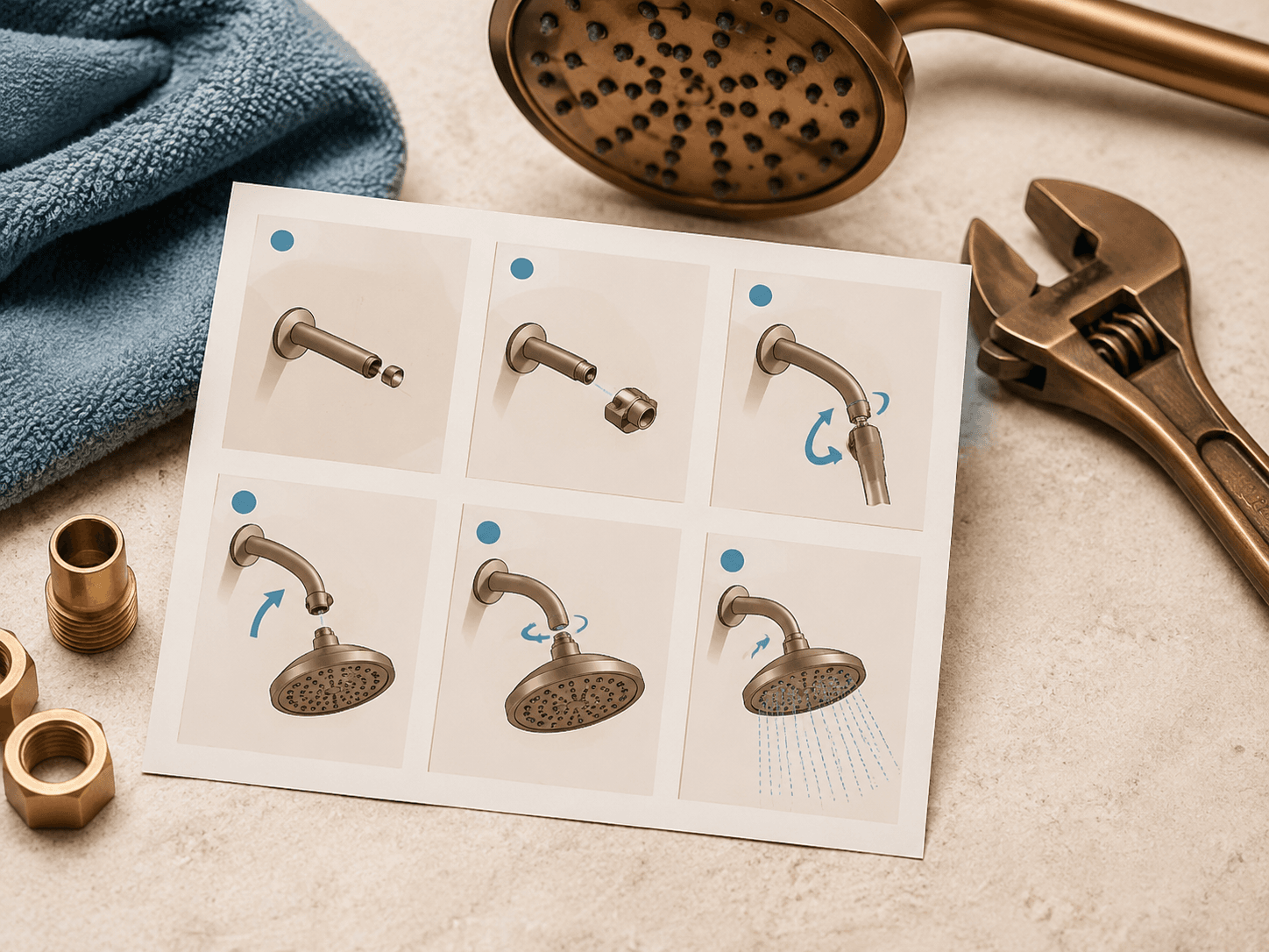 A printed step-by-step DIY installation card with numbered diagrams next to a wrench