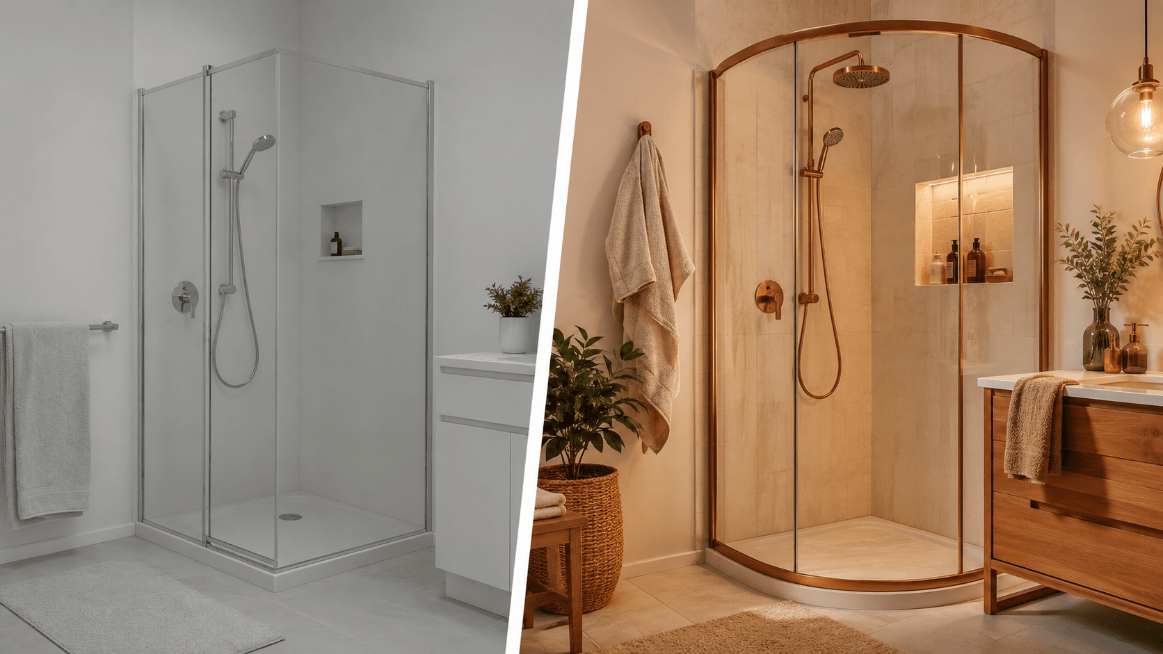 A plain cool bathroom on the left transformed into a warm, upgraded corner with a copper-toned shower on the right