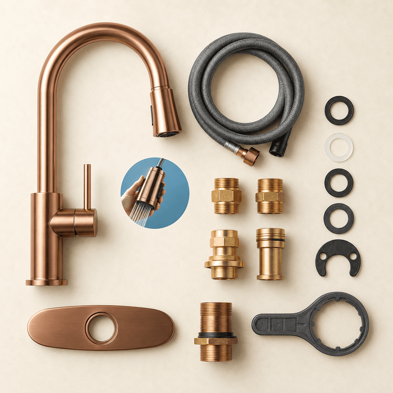 Kitchen Mixer Tap Upgrade Kit — flat lay showing every included part