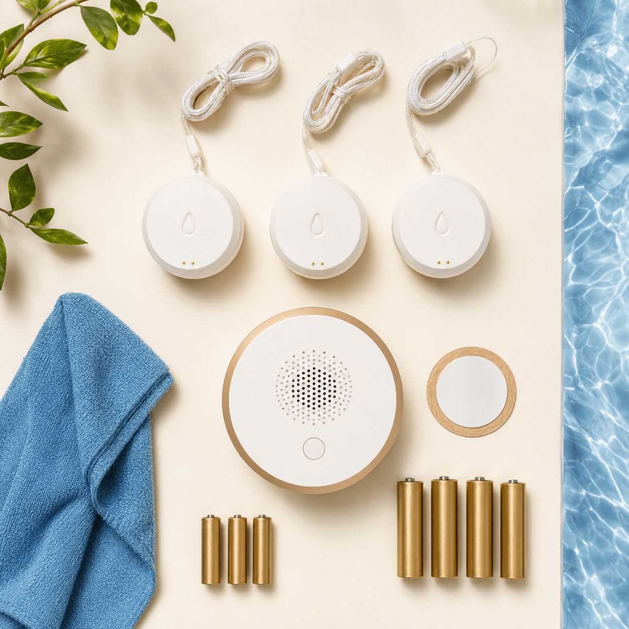 Leak Alarm & Water Safety Kit — flat lay of all included parts