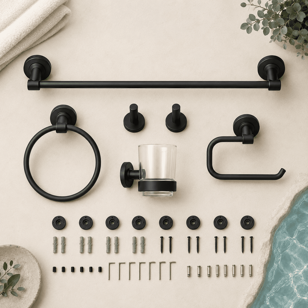 Matte-Black Bathroom Hardware Set — flat lay showing every included part