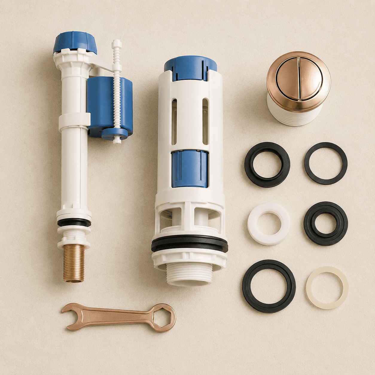 Quiet-Flush Toilet Repair Kit — flat lay showing every included part