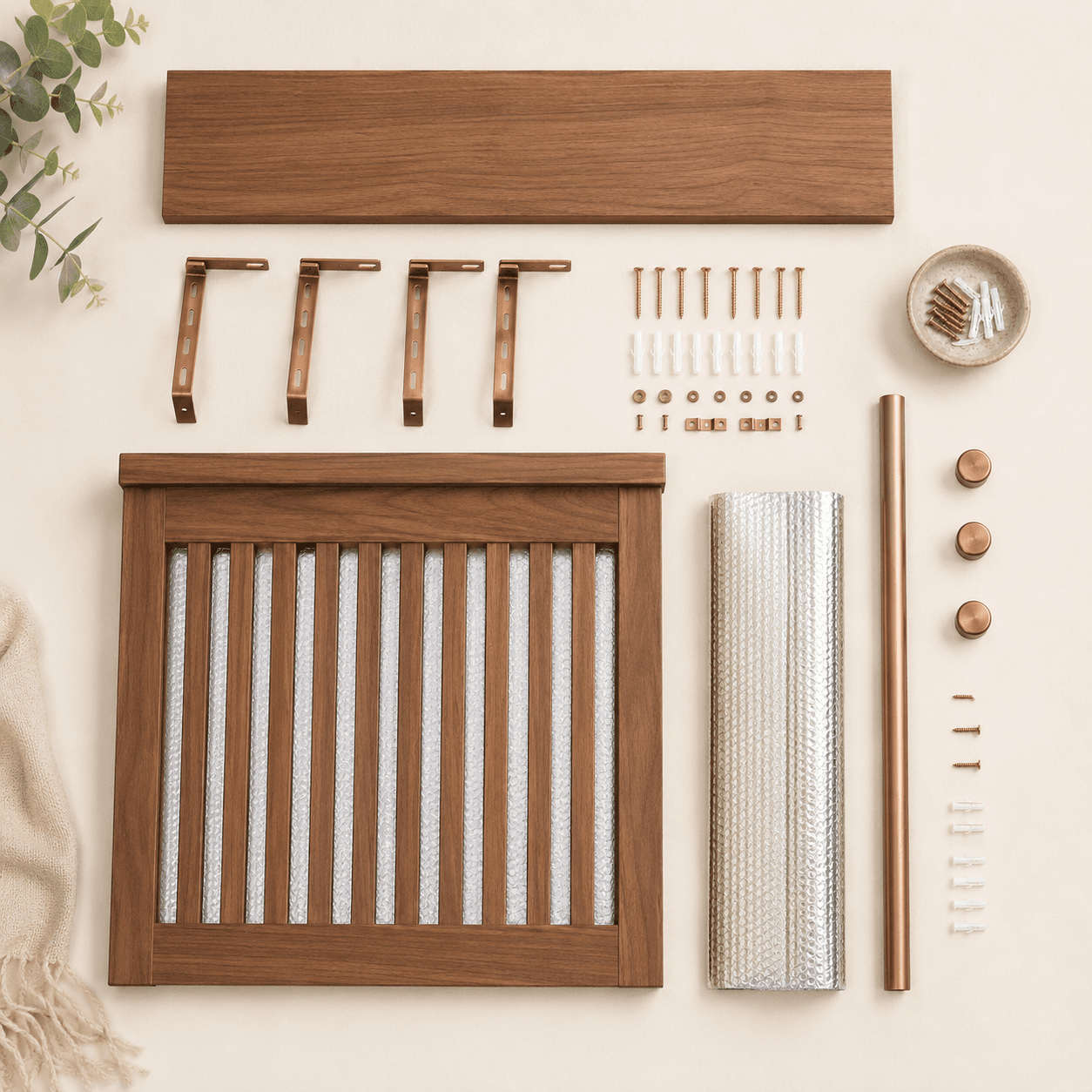 Radiator Cover & Shelf Kit — flat lay showing every included part