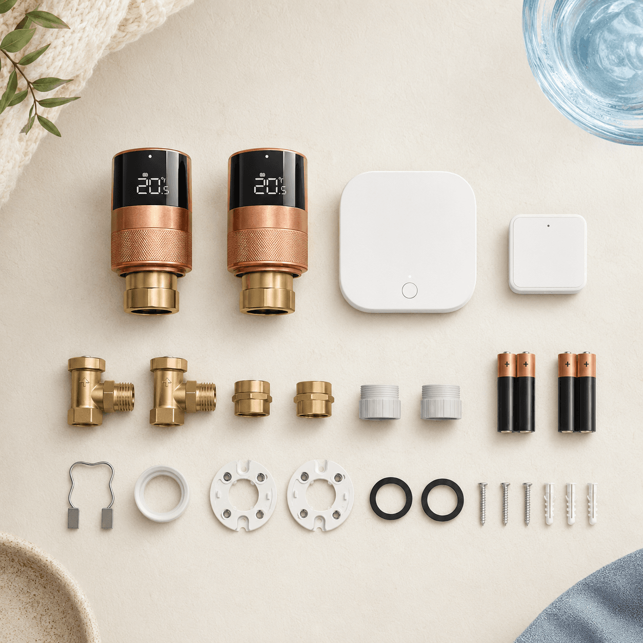 Smart Radiator Thermostat Kit — flat lay showing every included part