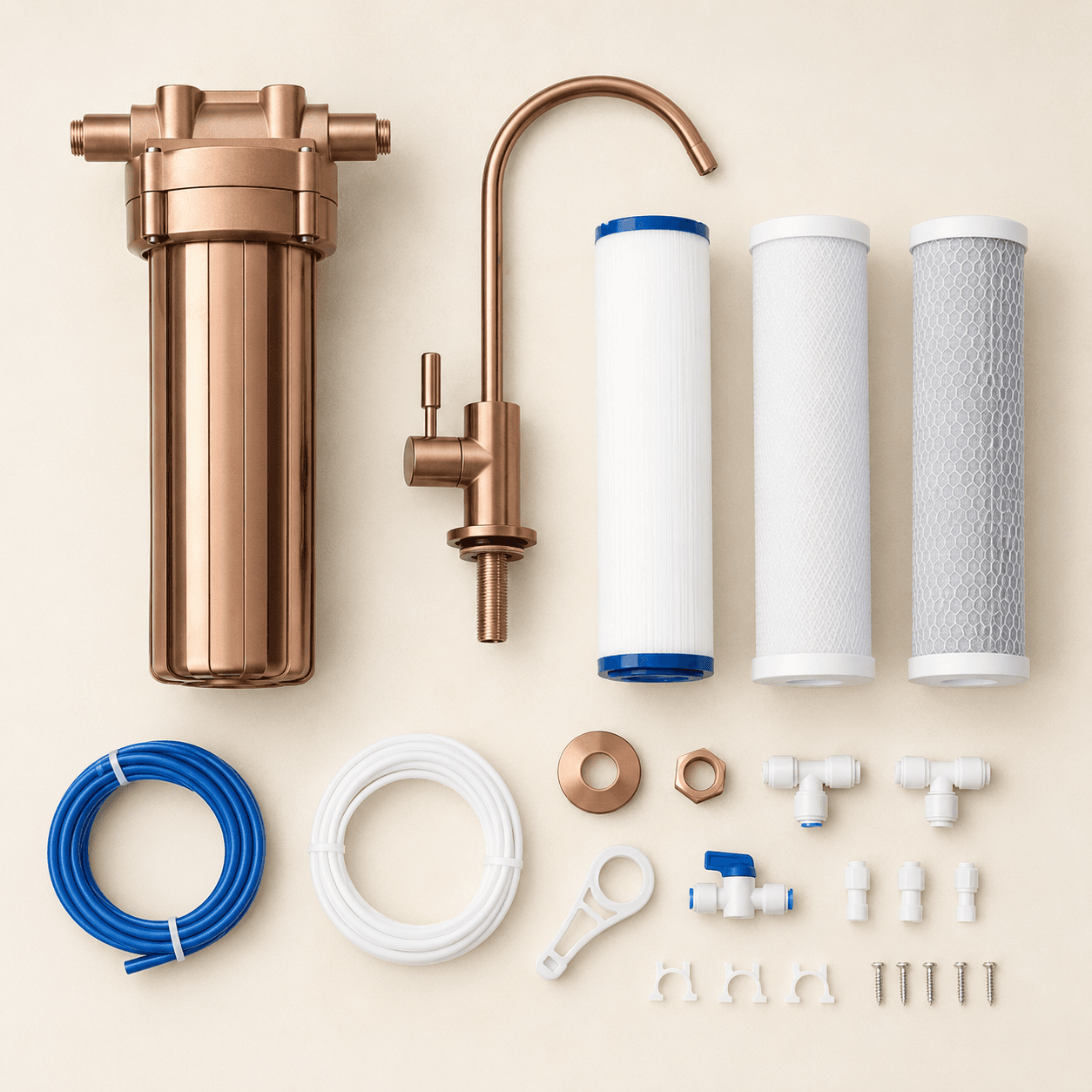 Under-Sink Water Filter Kit — flat lay showing every included part