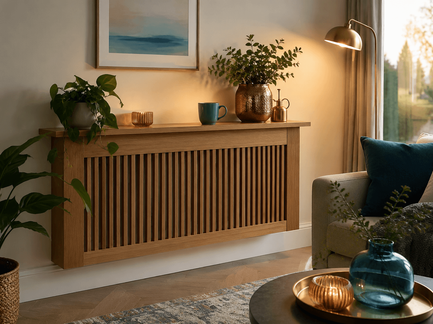 A cosy living room corner with a wooden radiator cover and shelf