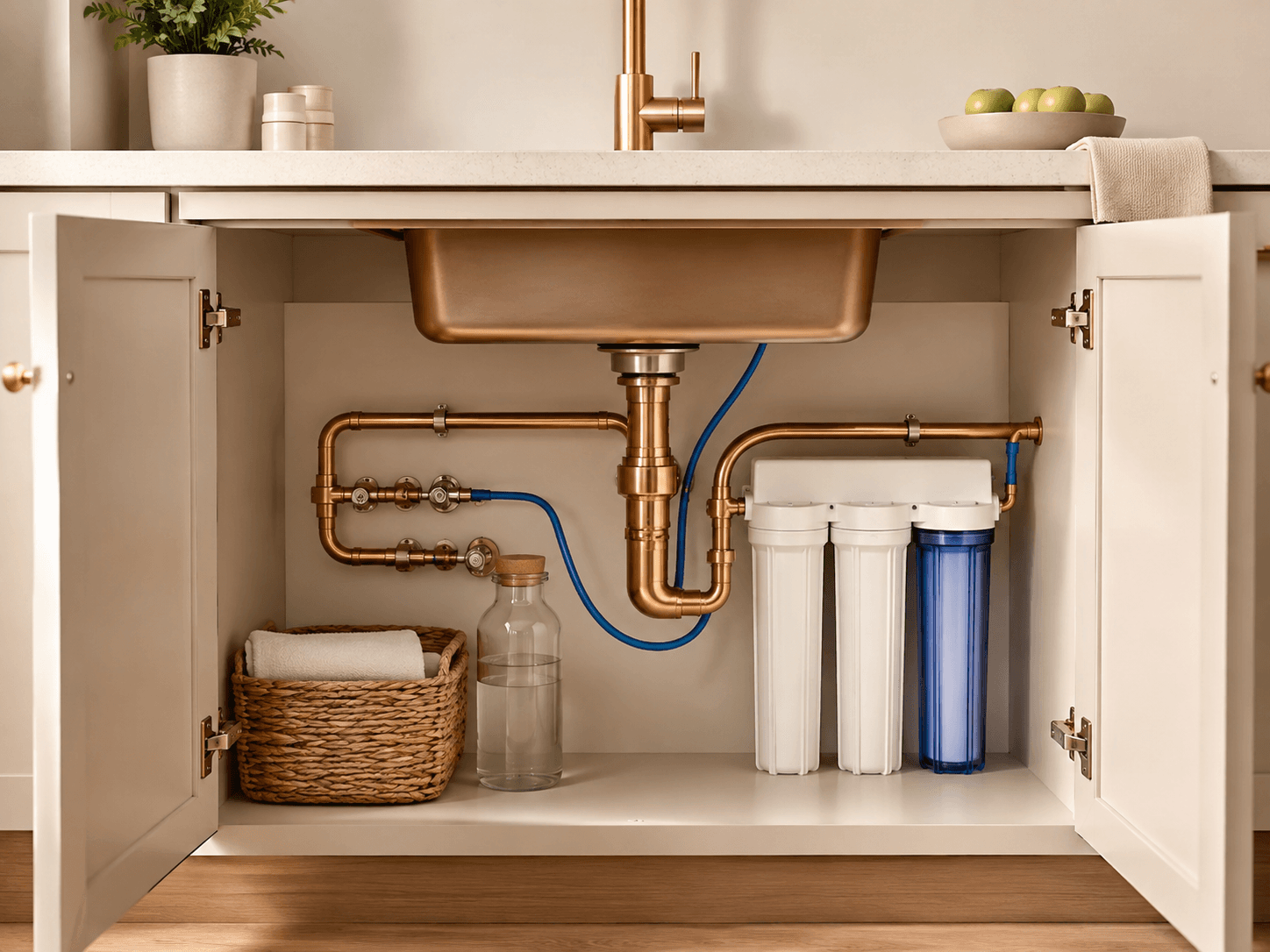 A tidy under-sink cabinet with a neatly installed water filter