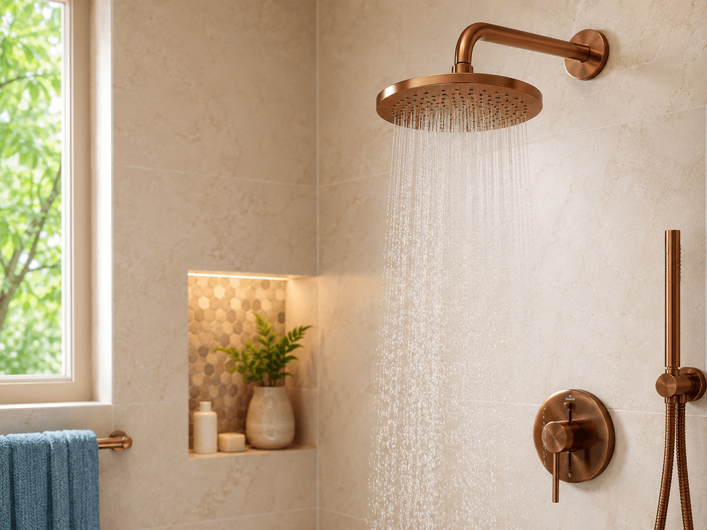 A freshly upgraded shower corner with a new high-pressure shower head