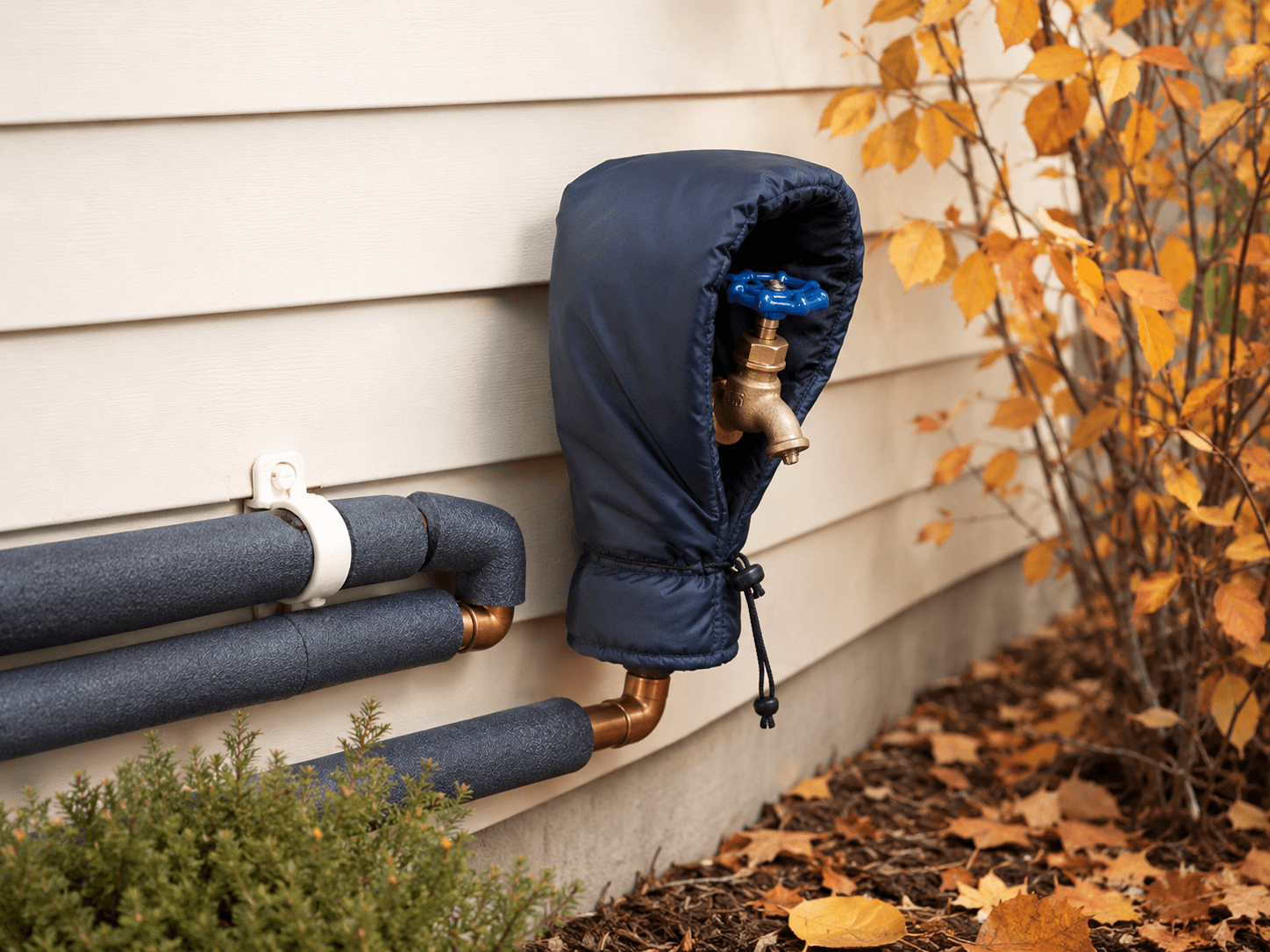 Outdoor pipes wrapped in foam insulation and a frost cover